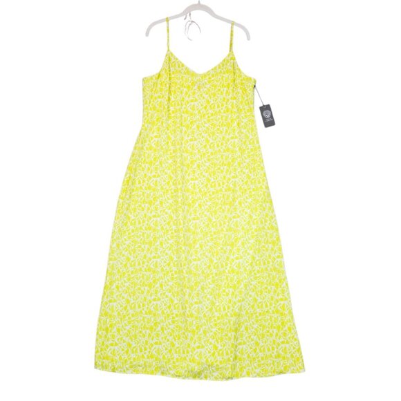 Vince Camuto Printed V-Neck Spaghetti Strap Midi Dress Womens L Bright Lemon - Picture 2 of 10